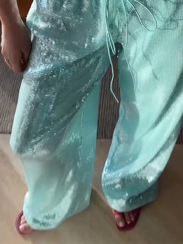 Pantalon décontracté à paillettes pour femmes, ample, taille élastique, jambes larges, mode printemps été 2021, Chic, solide, streetwear pour dames