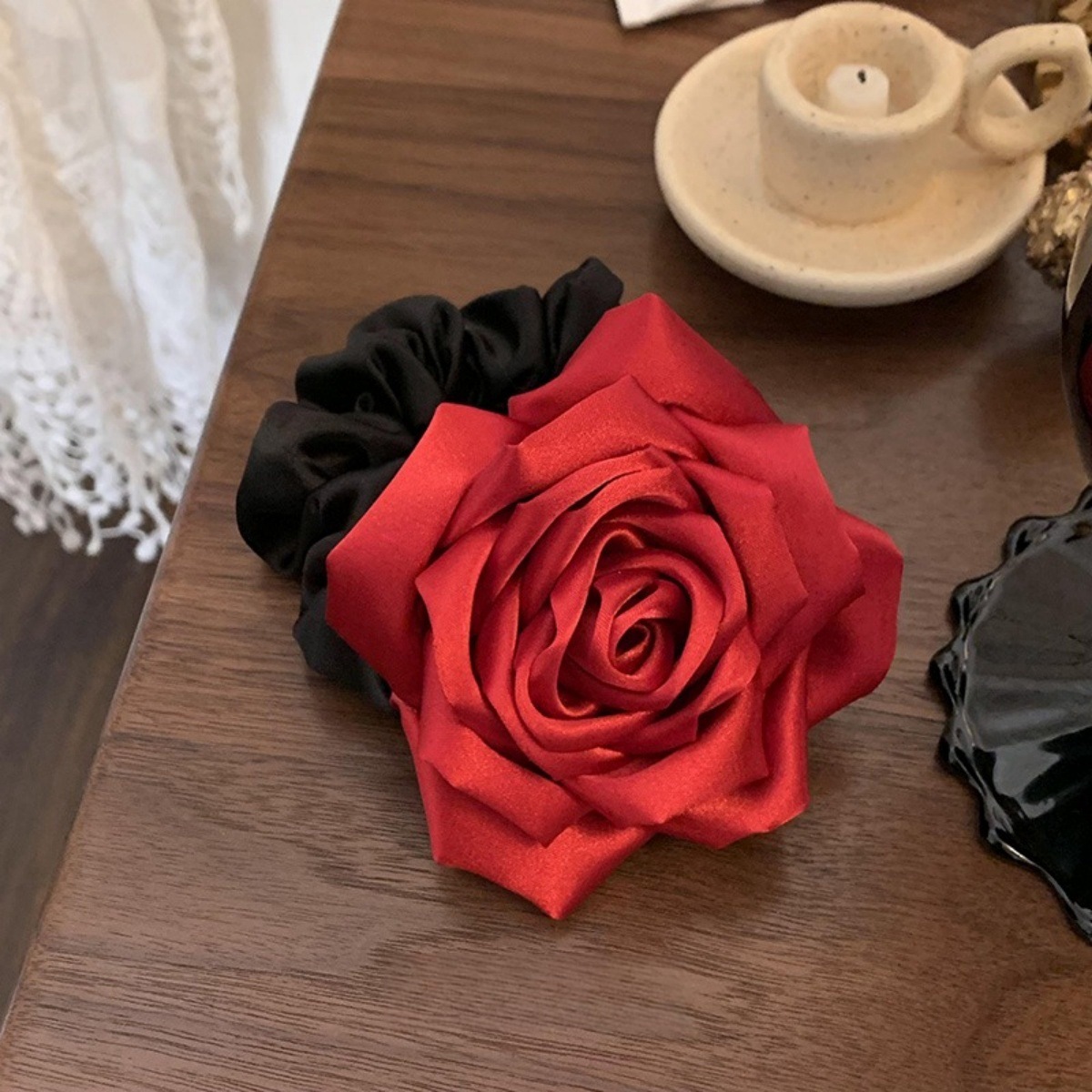 Chouchous en Satin rétro français Rose rouge, chouchous surdimensionnés à haute élasticité, bandes de fleurs, accessoires pour cheveux pour femmes et filles