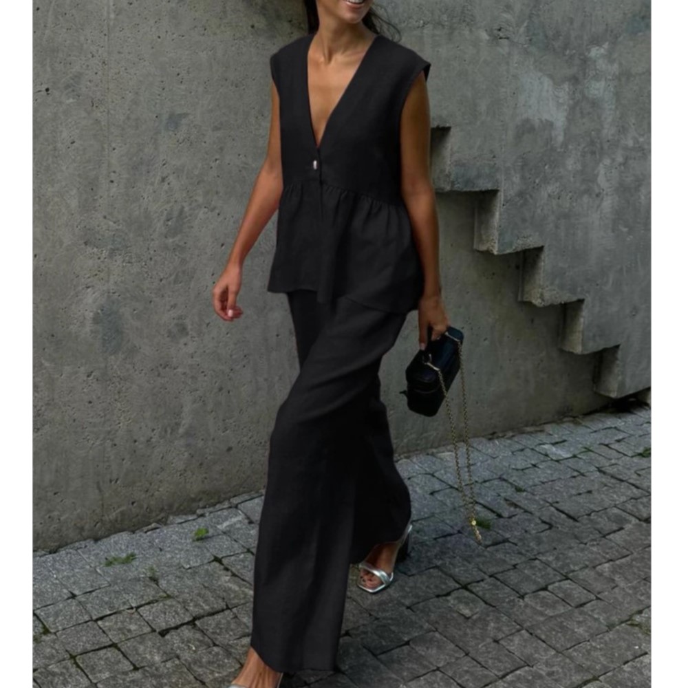 Ensemble gilet et pantalon Long sans manches en coton, haut Sexy à col en v, couleur unie, tempérament, ensemble deux pièces pour femmes