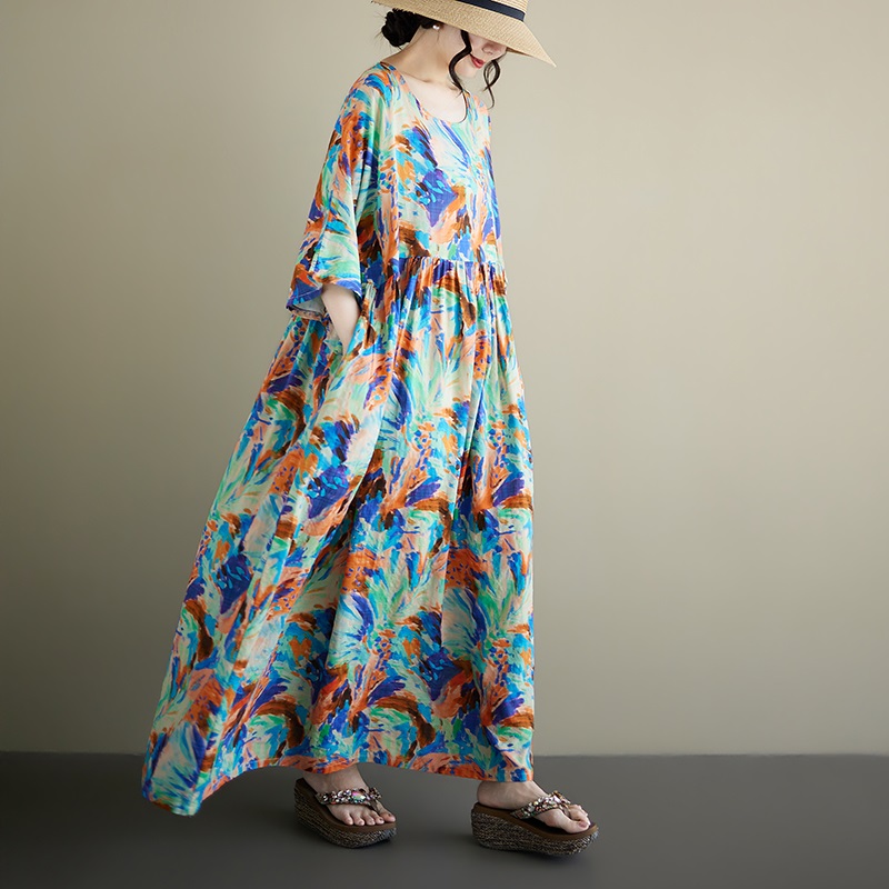 Nouvelle robe longue d'été décontractée et ample à manches courtes en coton vintage à motif floral pour femme, vêtement élégant 2026