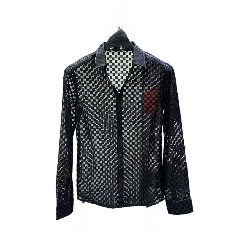 Chemises noires et blanches pour hommes, chemises à manches longues, Design transparent, fine, ajourée, à carreaux, maille fine, dessus respirants, tendance de la mode