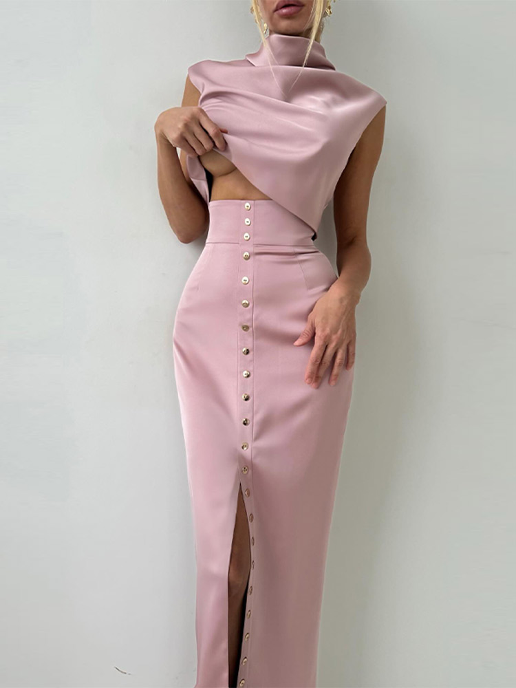 Ensembles élégants de jupes longues en satin pour femmes, col montant, sans manches, taille haute, fendues, coupe droite, tenues de soirée, nouvelle collection printemps 2026