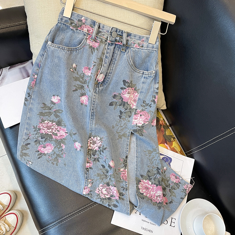 Imprimé fleuri Denim jupes longues femmes été Vintage Maxi jean jupe taille S - 5XL côté fendu taille haute femmes jupe longue coréenne