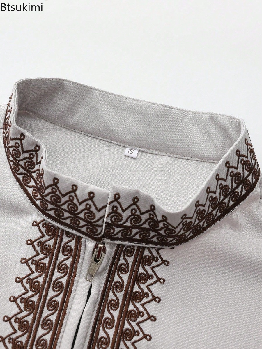 Robe traditionnelle pour hommes 2026, motif ethnique brodé, fermeture éclair, col montant, manches longues, Jubba Thobe, robe musulmane pour hommes, Thobe islamique