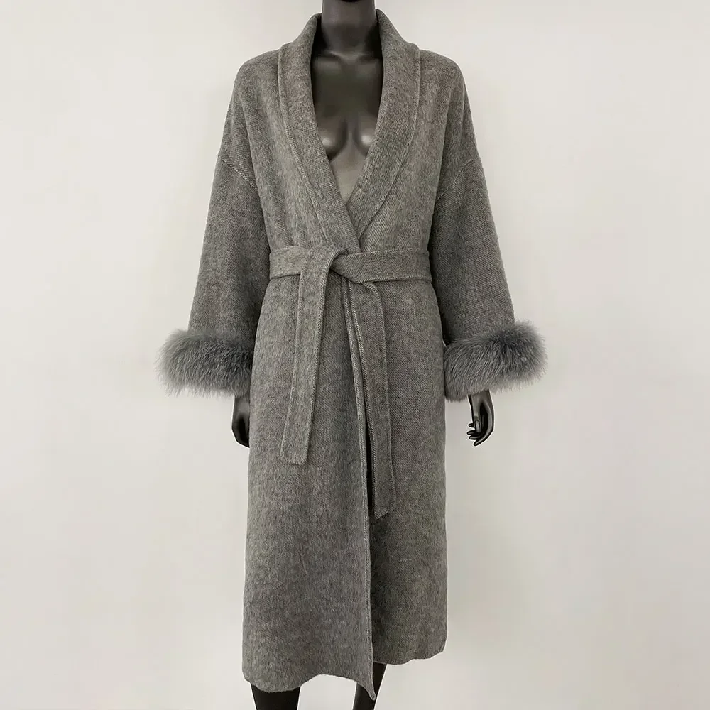 Tempérament d'hiver manteau en laine véritable court et Long poignets amovibles veste en fourrure de renard manteau en cachemire veste en laine Double face femmes