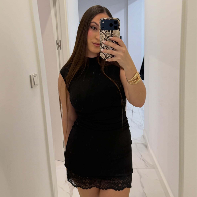 MUJER – robes courtes en dentelle noire pour femmes, Mini robe plissée moulante, sans manches, robe d'été élégante pour femmes, robes de soirée
