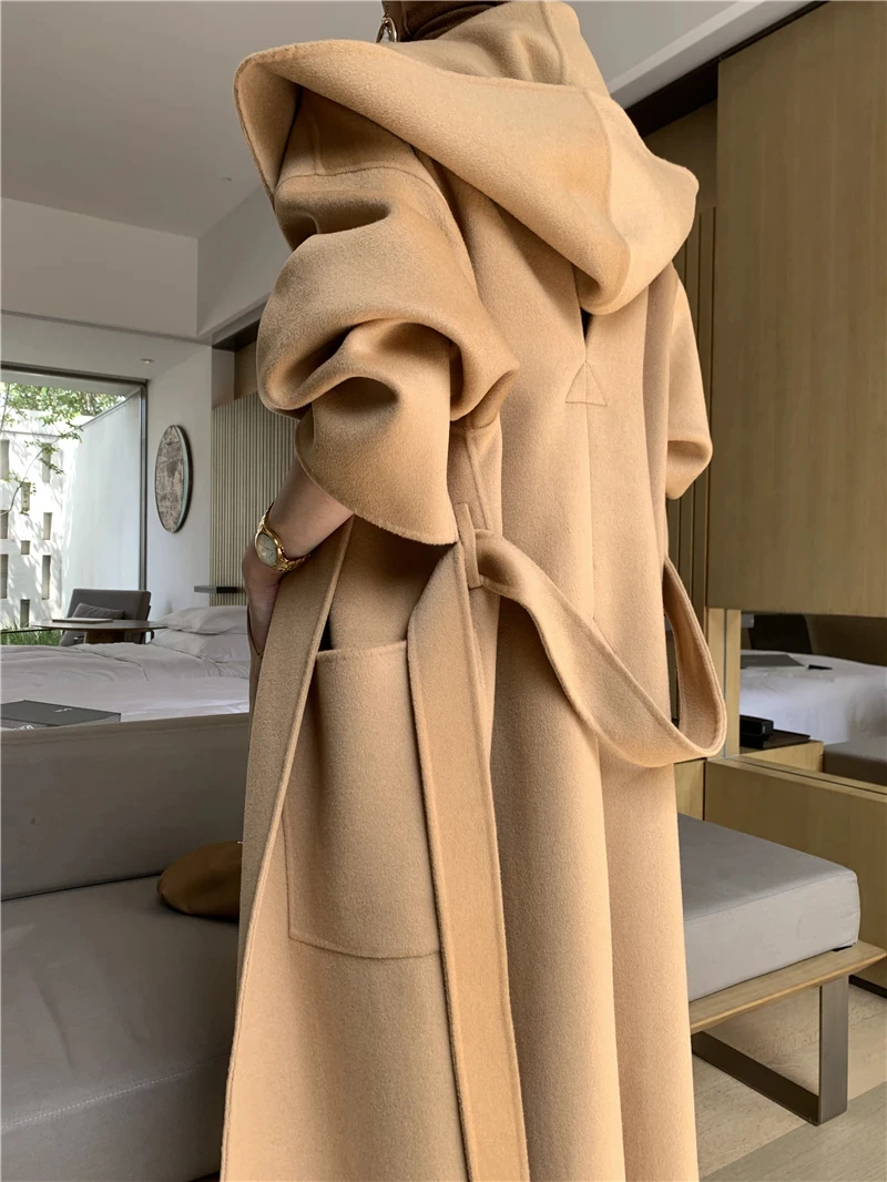Manteau en Coton et Cachemire Double Face à Capuche Mi-Long pour Femme, Collection Automne-Hiver 2026, 100% Laine, Coupe Ample et Épaisse