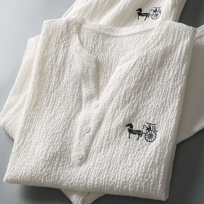 Ensemble 2 pièces plissé texturé pour homme, broderie carrosse, hauts à manches courtes col en V, pantalon ample à taille élastique, tenue décontractée d'été