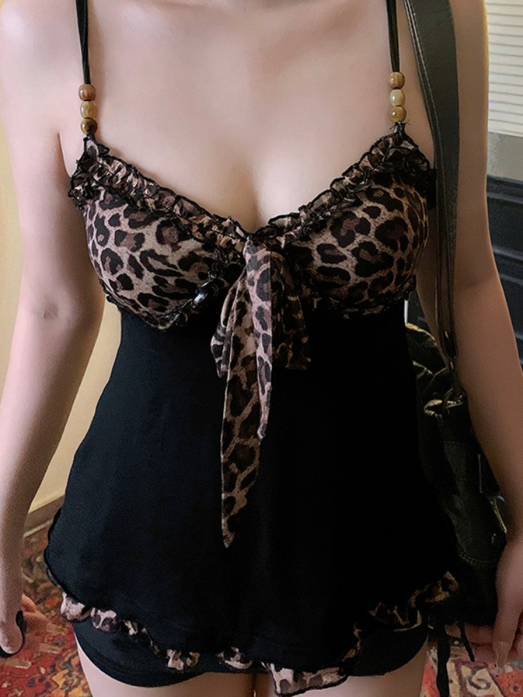 Américain Hotsweet Y2k Léopard Camisole Femmes Rétro Streetwear E-girl 90s Gothique Foncé Sexy Patchwork À Lacets Débardeur Court Femme