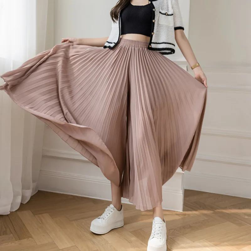 Pantalon large taille haute en mousseline de soie pour femme, mode coréenne décontractée, vêtements plissés, élégant