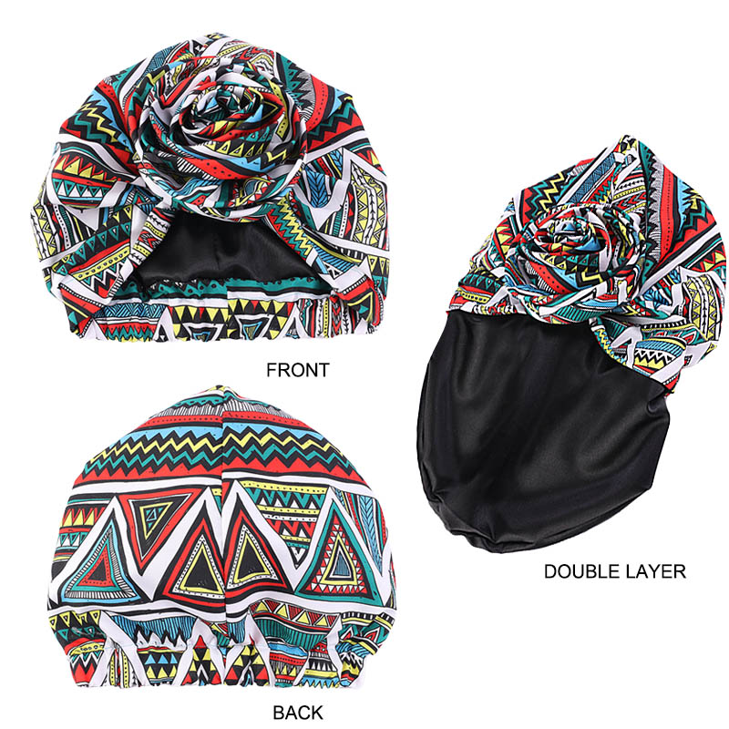 Femme africaine Satin doublé Turban casquette grande fleur chapeau imprimé fleuri bandeau Bonnet musulman foulard dames bonnets