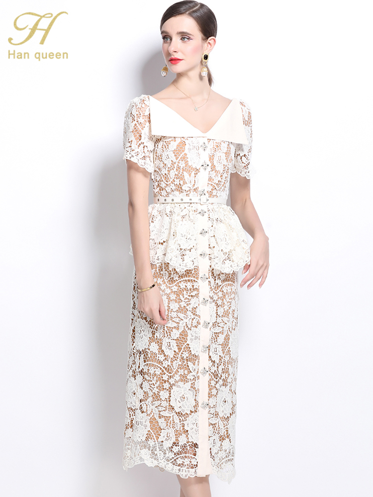 H Han Queen Robe de soirée vintage ajourée en dentelle pour femmes, manches courtes, luxueuse, à simple boutonnage, longue, pour l'été