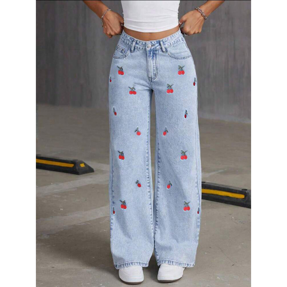 Denim pantalon à jambes larges femmes jean broderie taille haute en détresse lavé maman poches Vintage longueur de plancher pantalon Streetwear