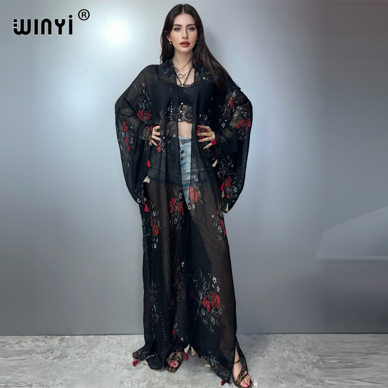 WINYI Kimono Bohème Kaftan Vêtement de Plage Cardigan Robe de Soirée Abaya Dubaï Tenues de Plage Luxe pour Femmes Cardigan à Paillettes