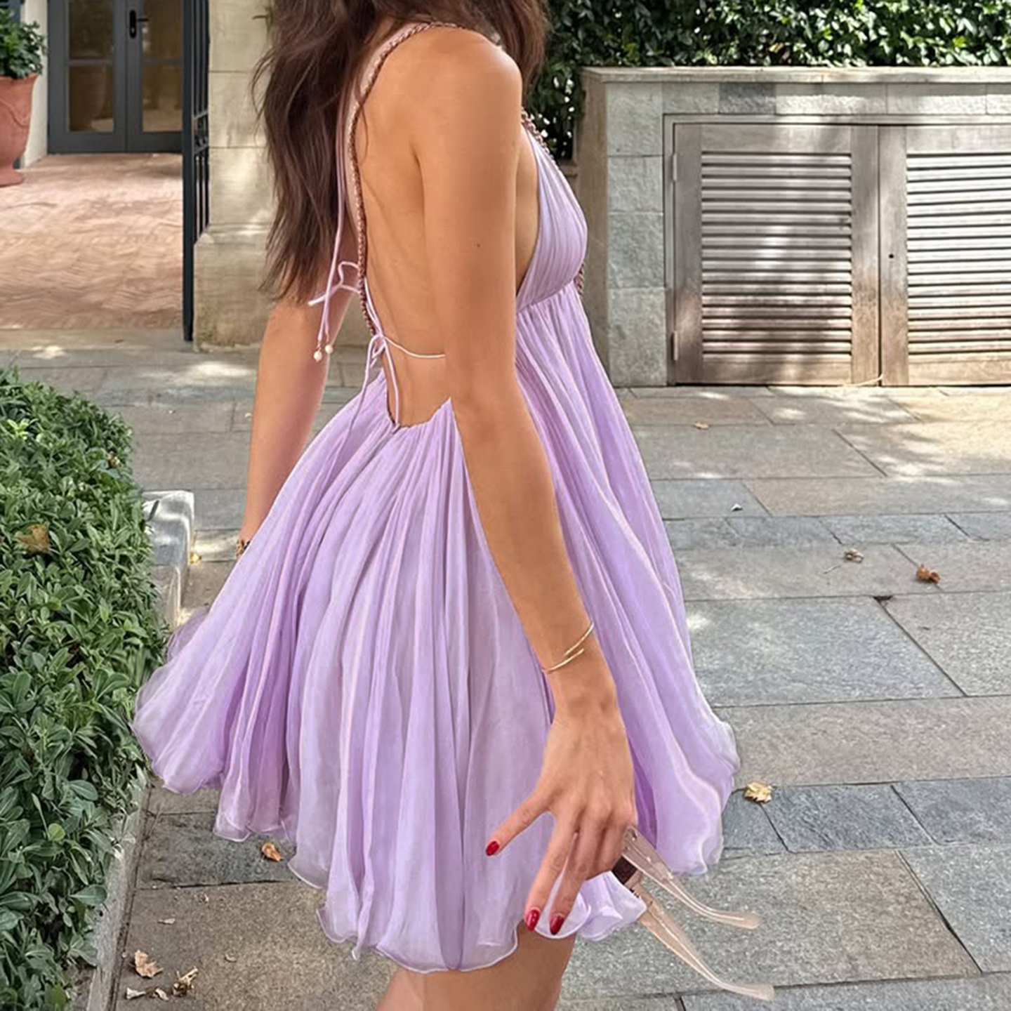 SUCHCUTE Robe d'été en mousseline de soie violette, dos nu, sans manches, élégante, sexy, col en V profond, coupe trapèze, mini-robe, tenue de plage pour les vacances d'été