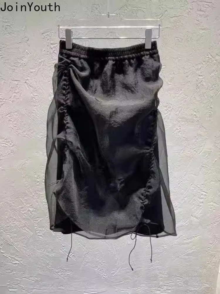 Jupe d'été vêtements pour femmes taille haute Organza Saia cordon tunique Jupe Chic irrégulière Mini jupes 2025 Faldas Mujer De Moda