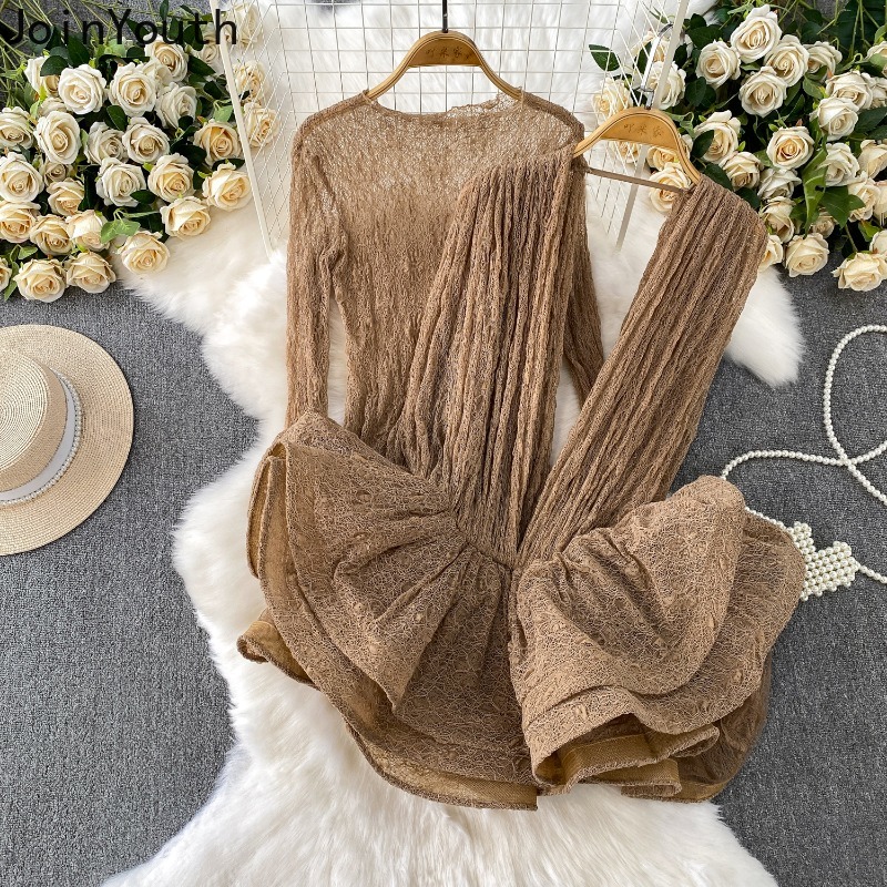 Ensemble de vêtements 2 pièces en dentelle pour femmes, chemises Sexy à manches longues, taille fine, à volants, sans manches, costume, tenues à la mode, vêtements coréens