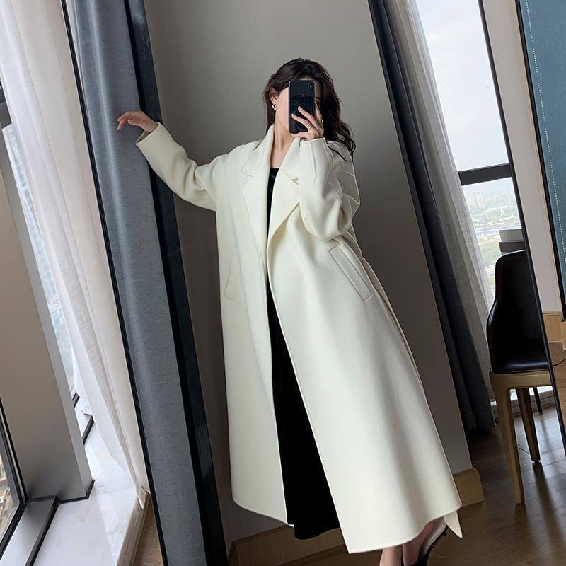 Manteau long en laine mélangée avec ceinture pour femme, veste femme, coupe-vent, blanc, tempérament, optique, automne, hiver, mode haut de gamme, 99