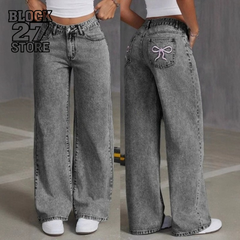 Jeans vintage pour hommes avec broderie nœud, pantalon en denim délavé, coupe ample unisexe style Harajuku, jambe droite, streetwear, mode décontractée, nouvelle tendance