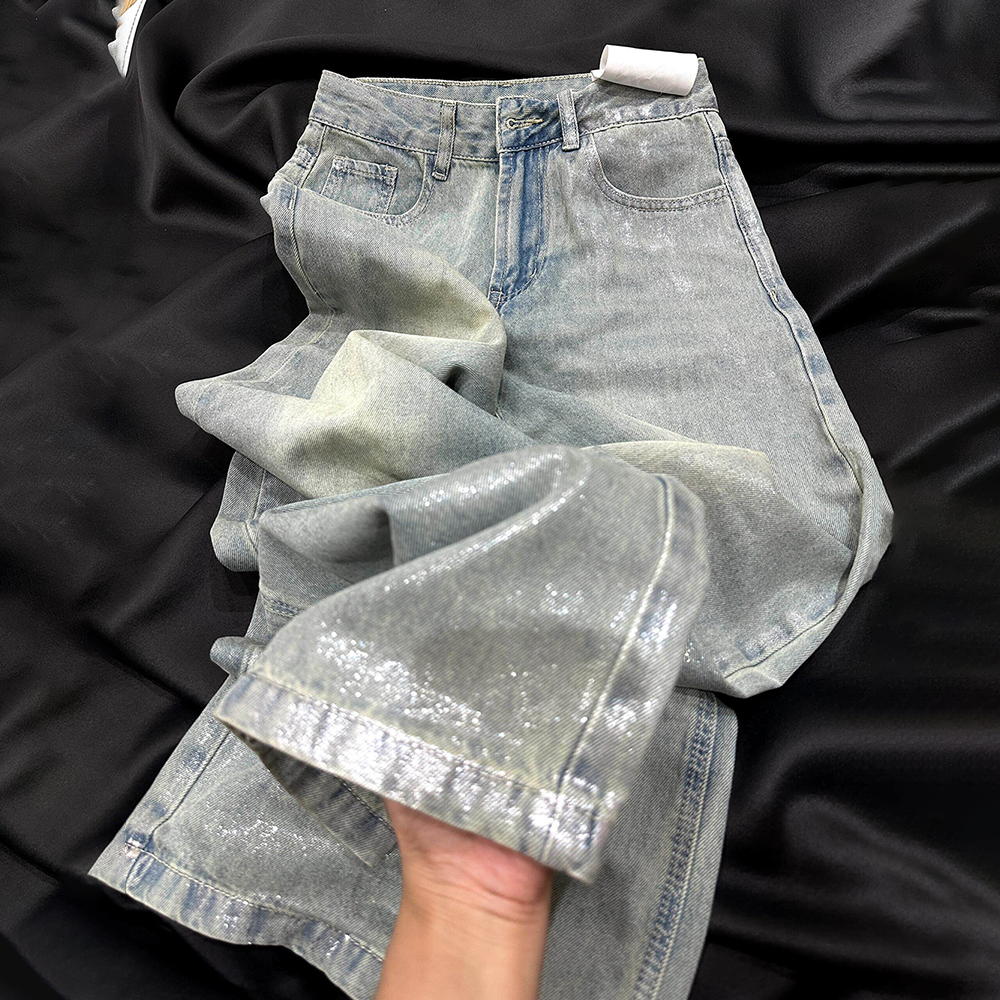 Jean tendance bleu argenté pour femme, printemps-automne, en denim brillant à sequins, streetwear, taille haute, coupe droite large
