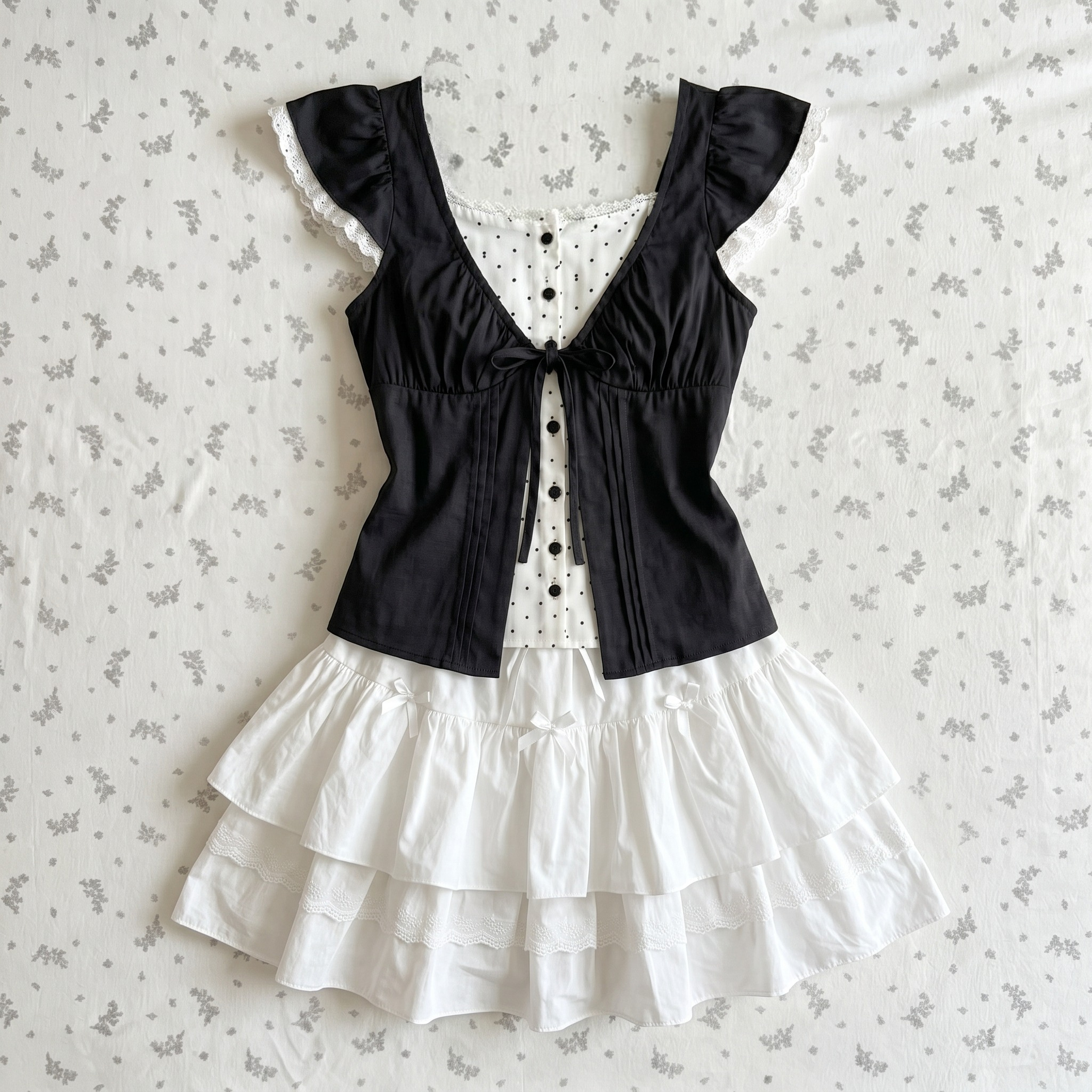 Tenue japonaise en deux pièces, haut à manches courtes et col carré en dentelle + mini-jupe Y2K Harajuku Lolita Kawaii, costume streetwear
