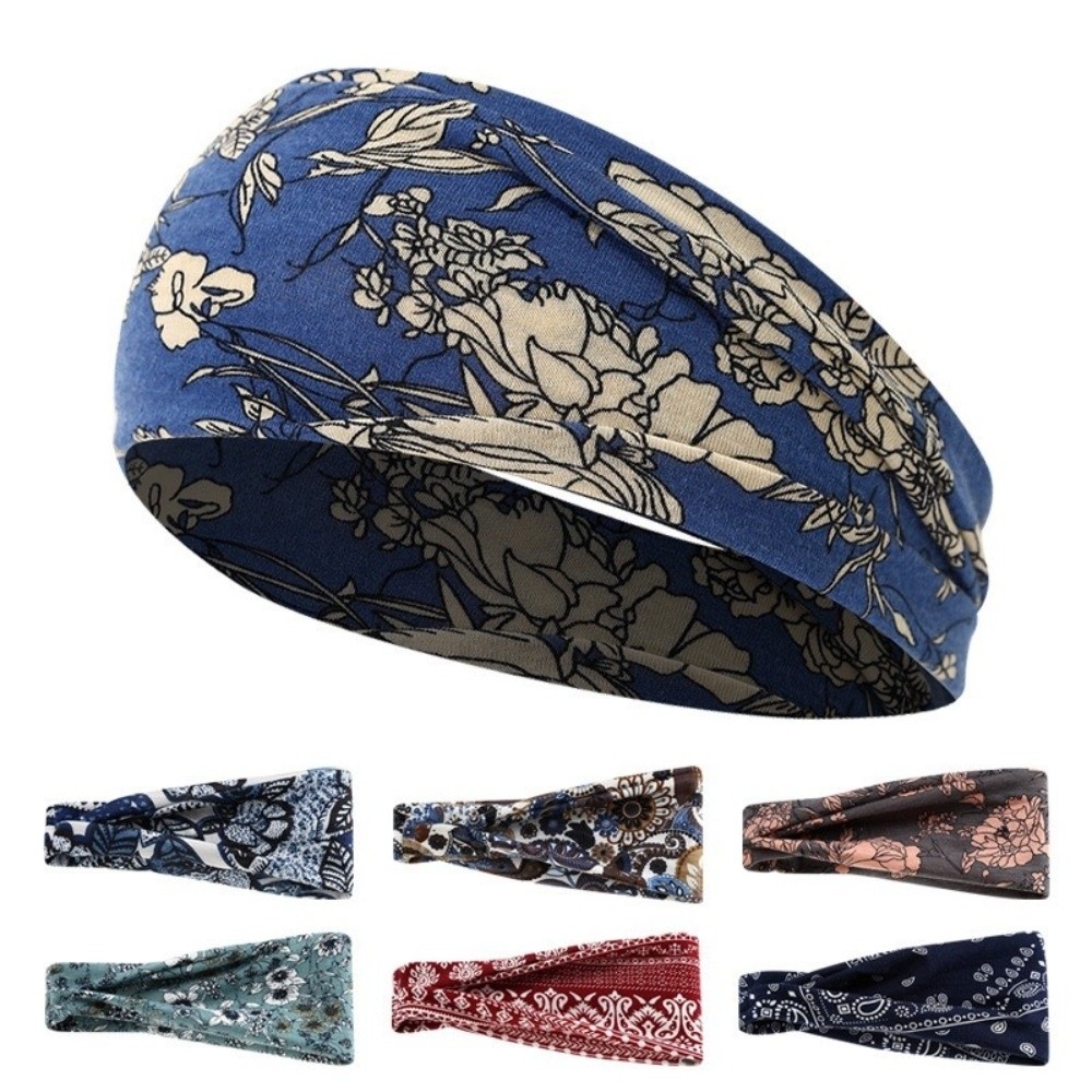Bandeau de cheveux imprimé floral style bohème, absorbant la transpiration, antidérapant, large, doux, accessoires pour cheveux, bandeau croisé pour le sport