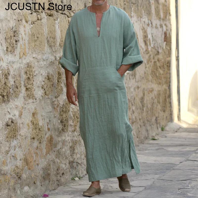 Grande taille hommes couleur unie Robe musulmane rétro arabe islamique Robe longue décontracté coton lin longue caftan moyen-orient vêtements islamiques