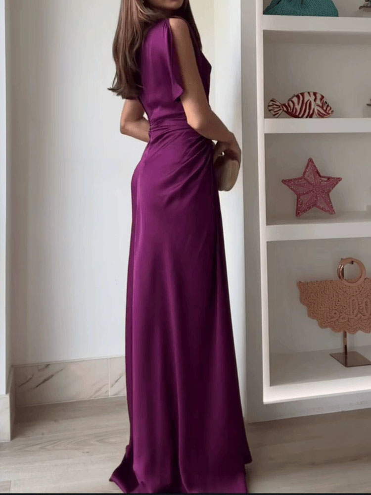 Robe de soirée drapée décontractée, col rond, élégante, taille haute, coupe cintrée, mode tempérament, couleur unie, longue