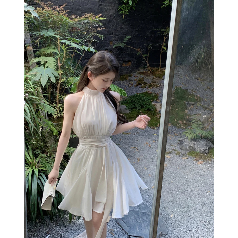 Robe trapèze en mousseline de soie blanche pour femme, robe courte, taille haute, style de vacances, ruban éducatif, niche d'été