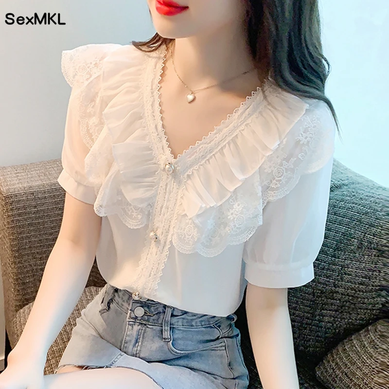 Blouses en Chiffon et Dentelle pour Femme Été 2026 – Élégantes, Tendance, Blouses Blanches Décontractées, Coupe Slim, Manches Bouffantes Vintage, Hauts Féminins
