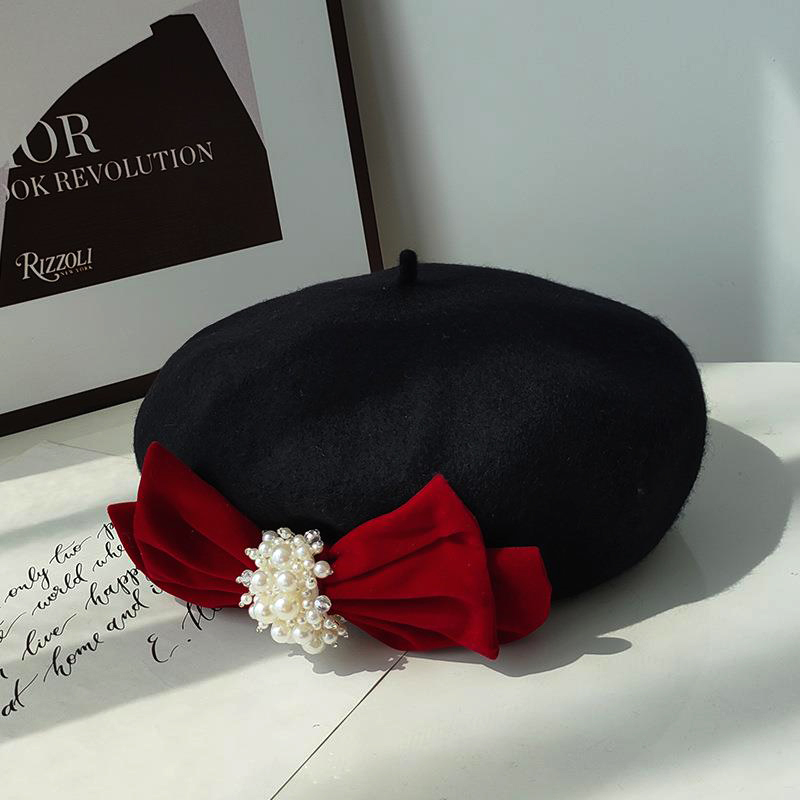 Casquette de peintre en laine noire pour femmes, grand nœud en velours, élégant, à la mode, béret d'artiste doux, automne hiver