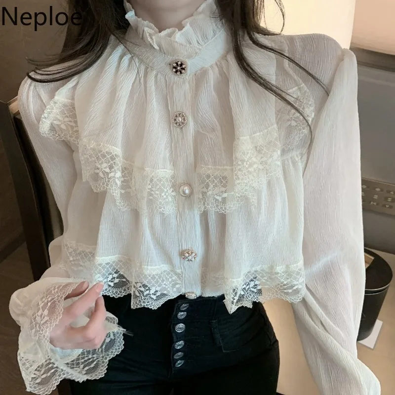 Chemisier en mousseline de soie à col montant pour femmes, manches longues, volants en dentelle, chemises vintage élégantes, mode coréenne blanche, Y-