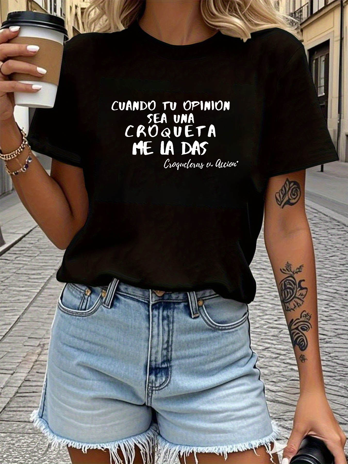 T-shirt décontracté pour femme à manches courtes avec imprimé lettres espagnoles 'CUANDO TU OPINIÓN SEA UNA CROQUETA ME LA DAS', style Y2K, pour l'été