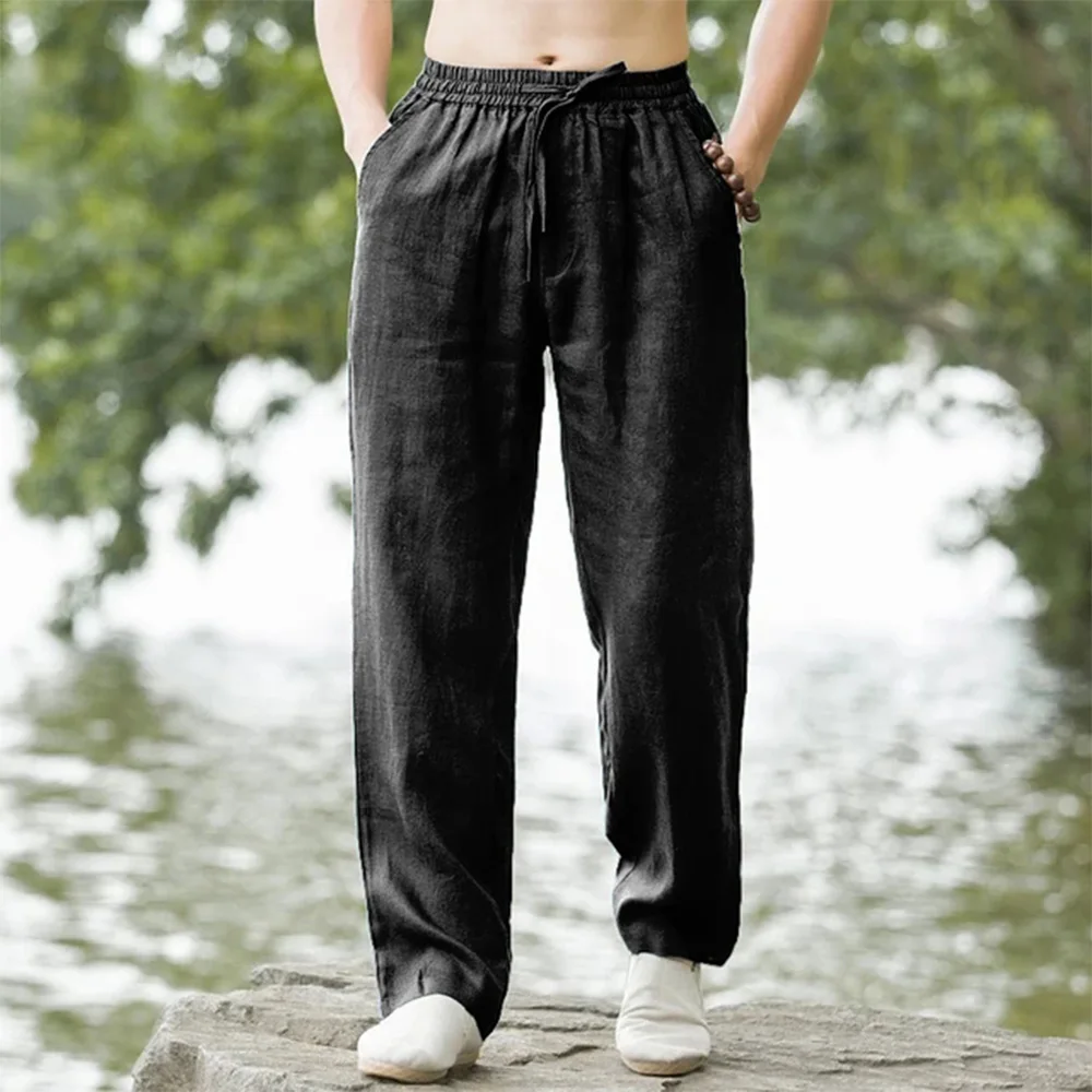 Pantalon de plage pour hommes, jogging, Streetwear, coton et lin, pantalon de survêtement décontracté, vacances hawaïennes, ample, Long, été