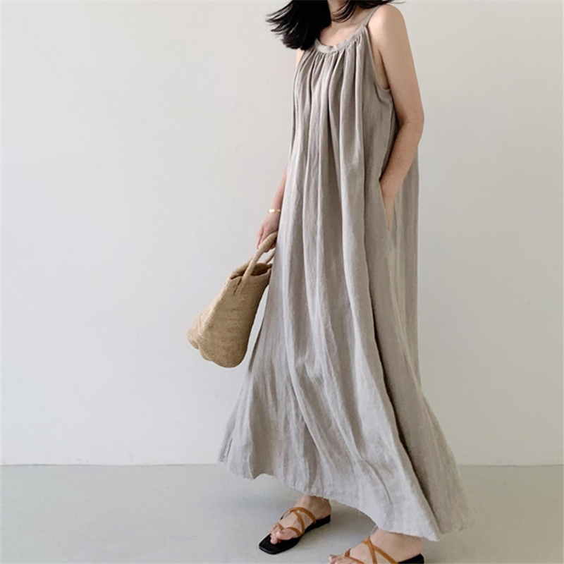 REALEFT-Robe Longue en Coton et Lin Précieux pour Femme, Vintage, Col Rond, Sans Bretelles, Nouvelle Collection Été 2024