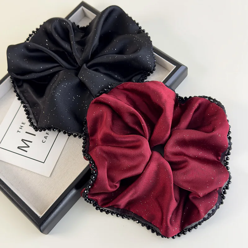 Chouchous en Satin brillant pour cheveux, étoile rétro, surdimensionné, perles en dentelle, bandeaux pour femmes, corde de tête élégante, cravate pour cheveux, accessoires de fête pour dames