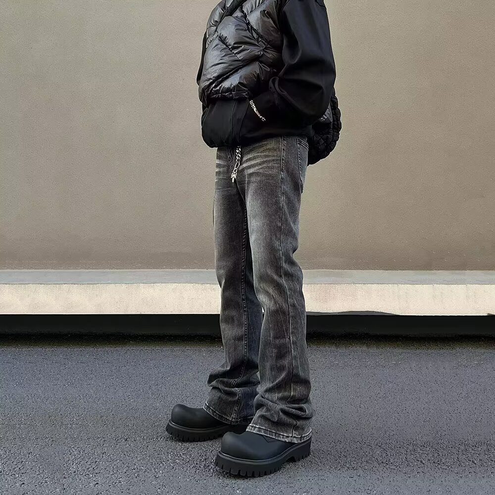 Jean noir délavé de rue américaine pour hommes, pantalon micro évasé élastique, coupe droite, élégant et coupe droite