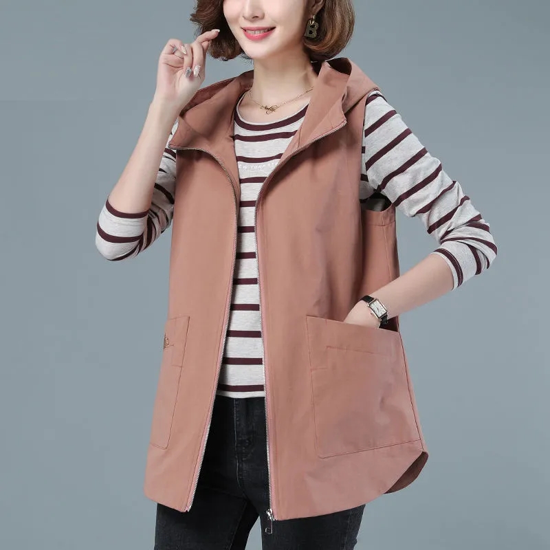 Gilet mi-long pour femme, nouvelle collection printemps 2026, style coréen, sans manches, décontracté, à capuche, avec fermeture éclair, veste d'extérieur