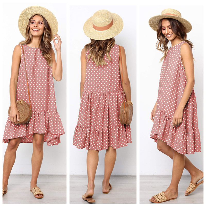 Robe longue décontractée d'été à pois et à volants pour femmes, sans manches, col rond, ourlet ample, nouvelle mode