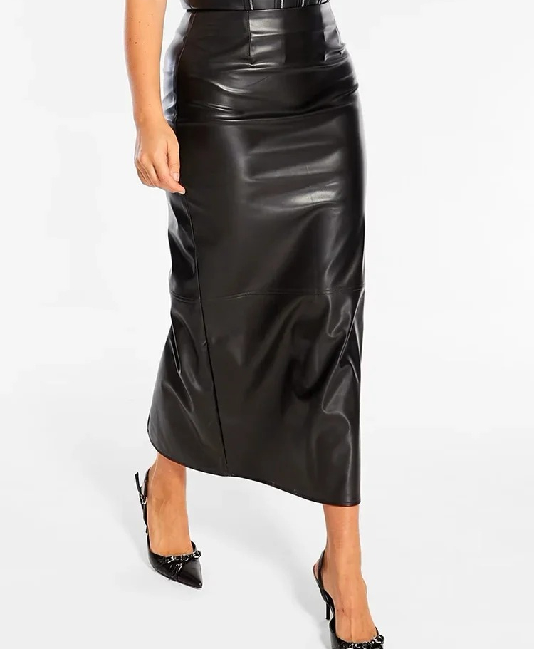 Jupe midi élégante pour femme grande taille en similicuir mat, taille haute, extensible, coupe droite, avec fente, personnalisable