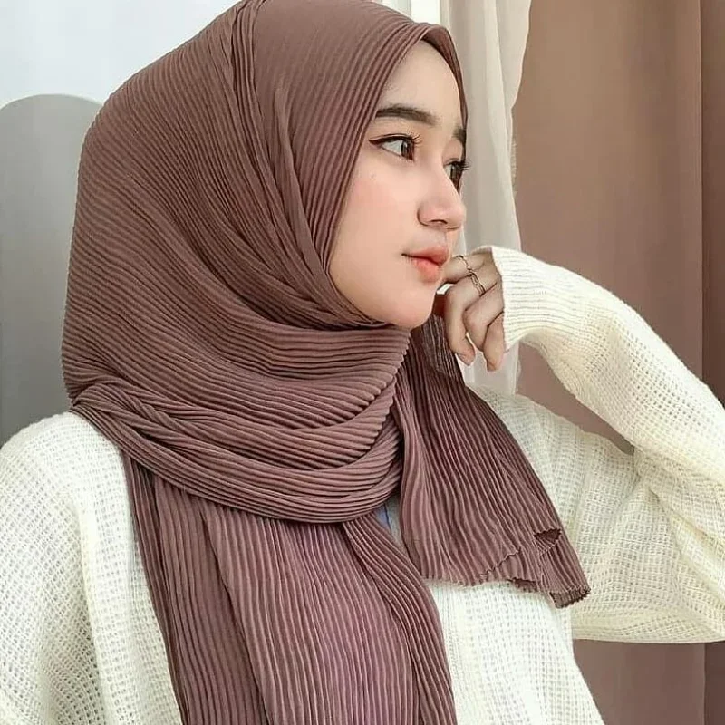 Foulard Hijab Plissé en Mousseline de Soie pour Femme Musulmane, Turban, Pashmina, Châle, Bandana, Bande de Sauna, Grande Taille
