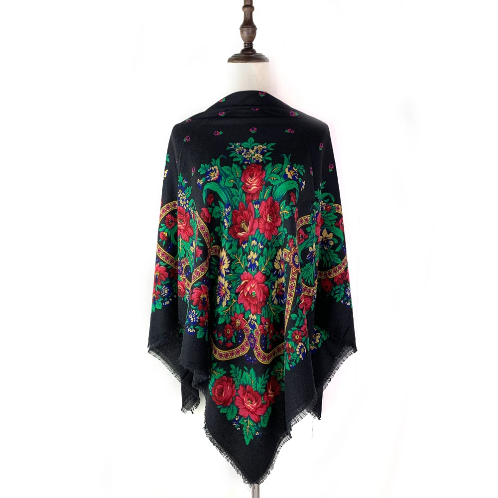 Foulard carré russe respirant et fin 130*130cm pour femme, imprimé floral de luxe, ethnique rétro, bandana, châle, étole de plage