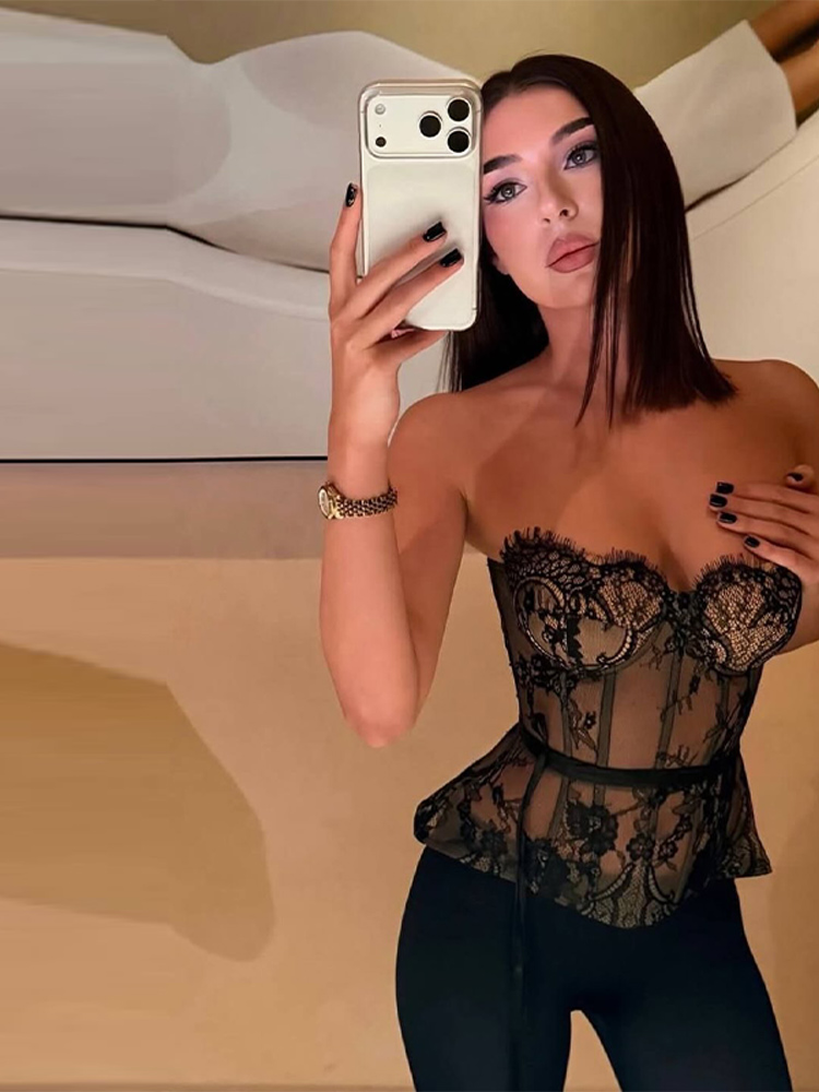 Nouveau Corset Femme Sexy en Dentelle à Baleines, Noir, Moulant, Sans Bretelles, Dos Nu, Style Gilet, Printemps-Été 2026, pour Soirée Plage