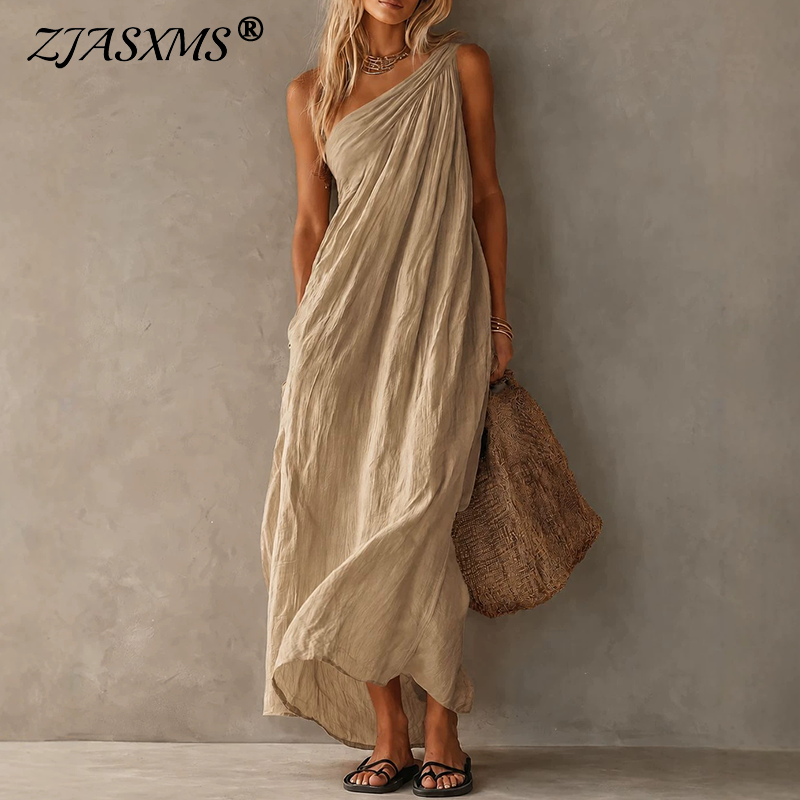Robe longue drapée asymétrique pour femme, style bohème uni, sans manches, coupe ample, ligne A, élégante, pour la plage et les vacances