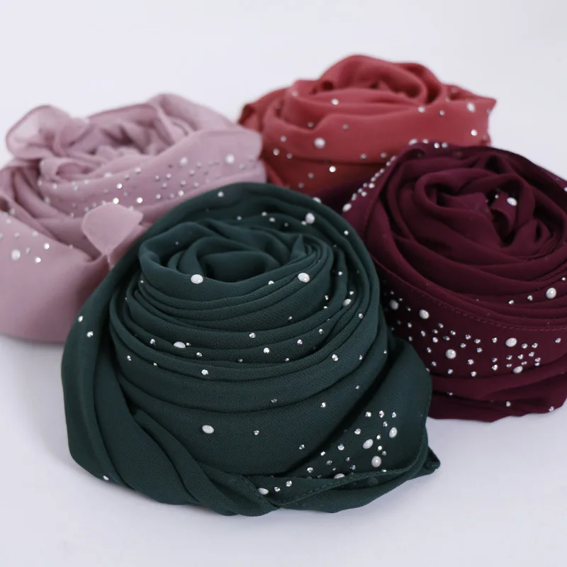 180*70CM nouvelles perles de diamant unies bulle en mousseline de soie châles Hijab instantanés solide épais bandeau Foulard Sjaal Bonnet musulman Cachecol