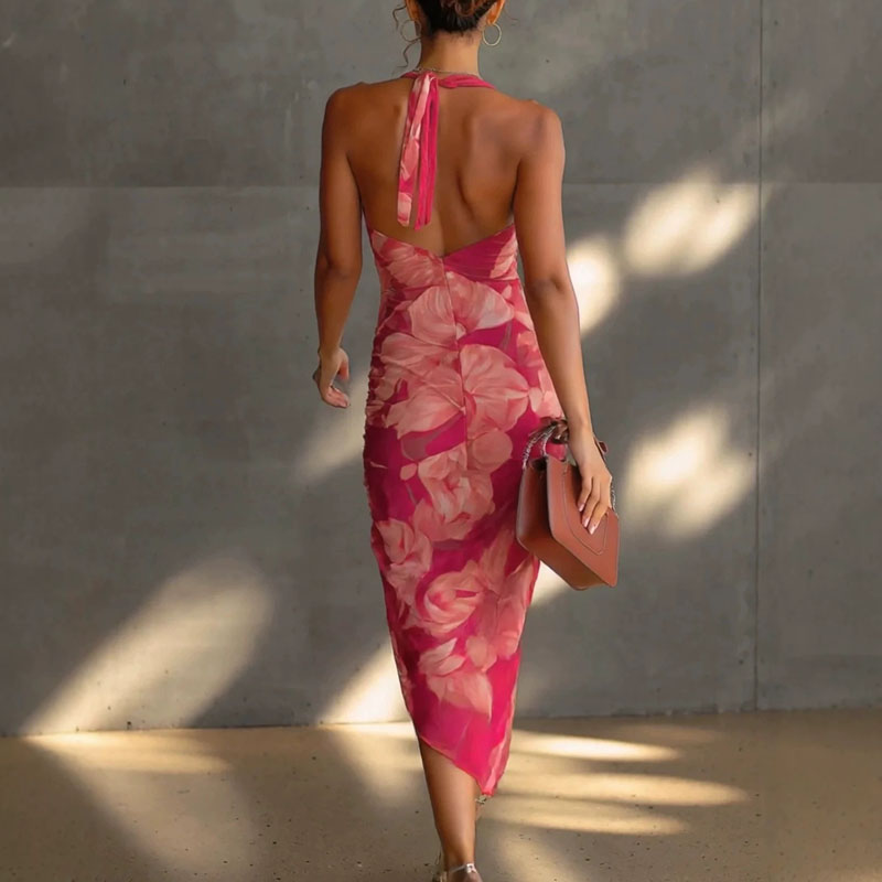 Robe longue plissée sans manches pour femme, style bohème à imprimé floral, dos nu, fendue, sexy, à nouer, ajourée, pour le printemps et l'été, idéale pour les soirées