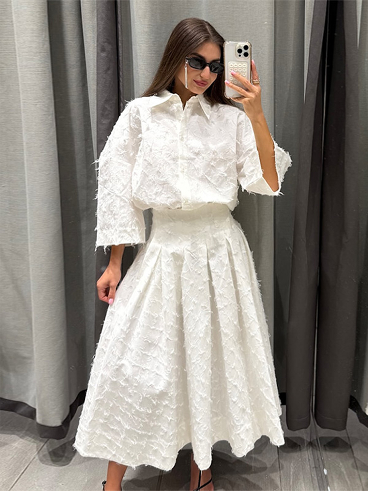 Ensemble chemise et jupe élégante pour femmes, T-shirt ample à manches longues et revers, taille haute, jupes longues plissées, costumes de rue, printemps 2026