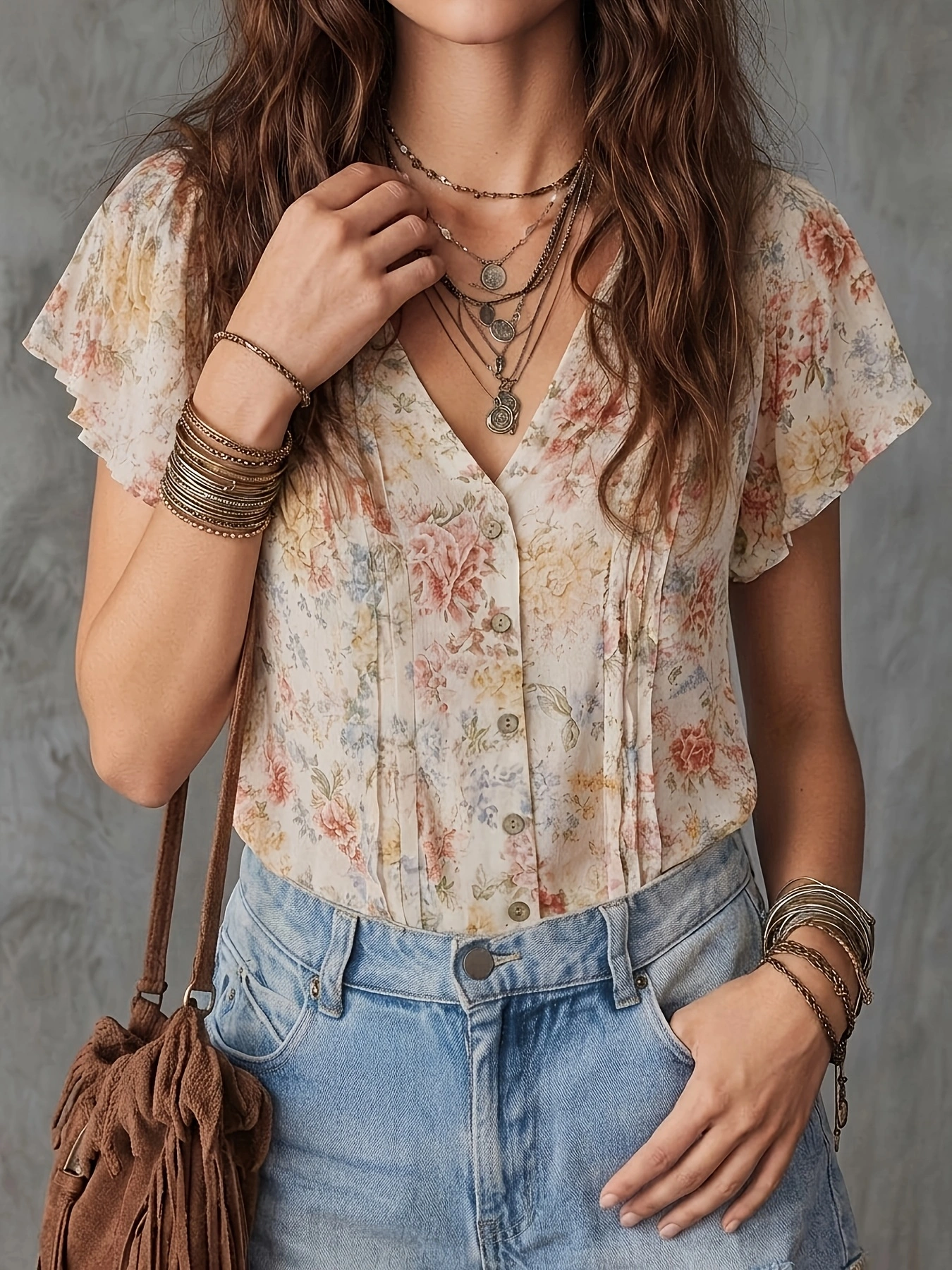 Chemisier Bohème Vintage à Imprimé Floral pour Femme, Col en V, Manches Courtes Volantes, Boutons sur le Devant, Plissé, en Chiffon Décontracté