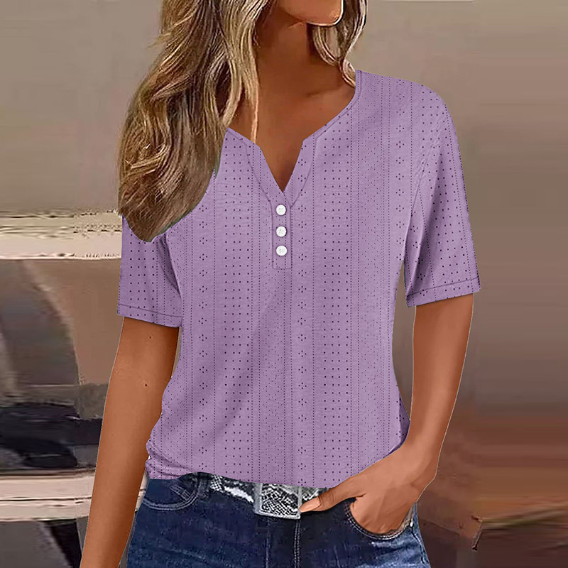 T-shirt décontracté à manches courtes et col en V pour femmes, t-shirt boutonné, t-shirts basiques d'été, pull élégant