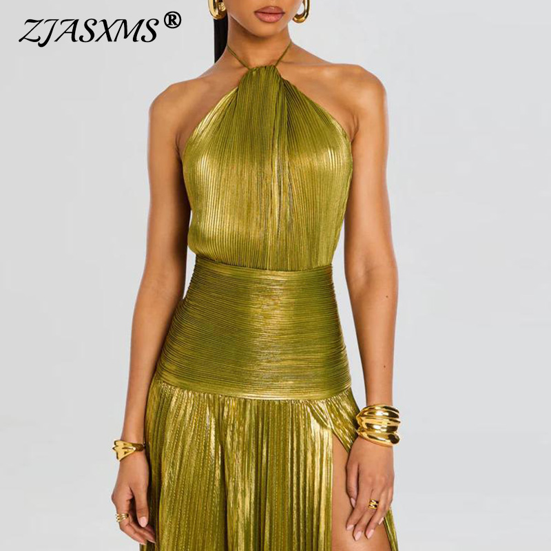 Robe de soirée dorée, Sexy, col licou, fente haute, Chic, couleur unie, plissée, longue, dos nu, fermeture éclair, Maxi, printemps été